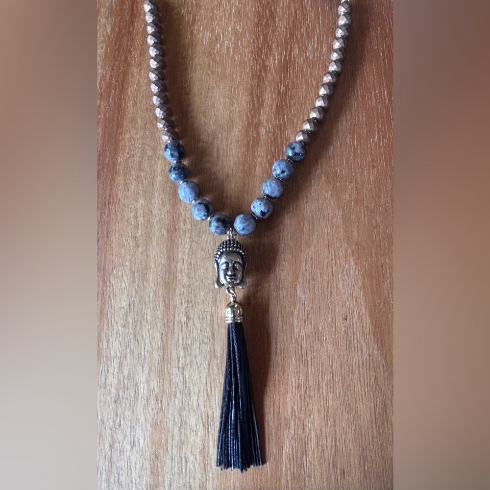 Buddha Necklace with Tibetan Blue Agate Blueish Gray Beads, Brown Beads & Gold